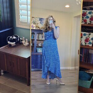 London Times Women's Soft, Flowy Feminine Ruffle Hi-Low Faux Wrap Maxi Dress 10